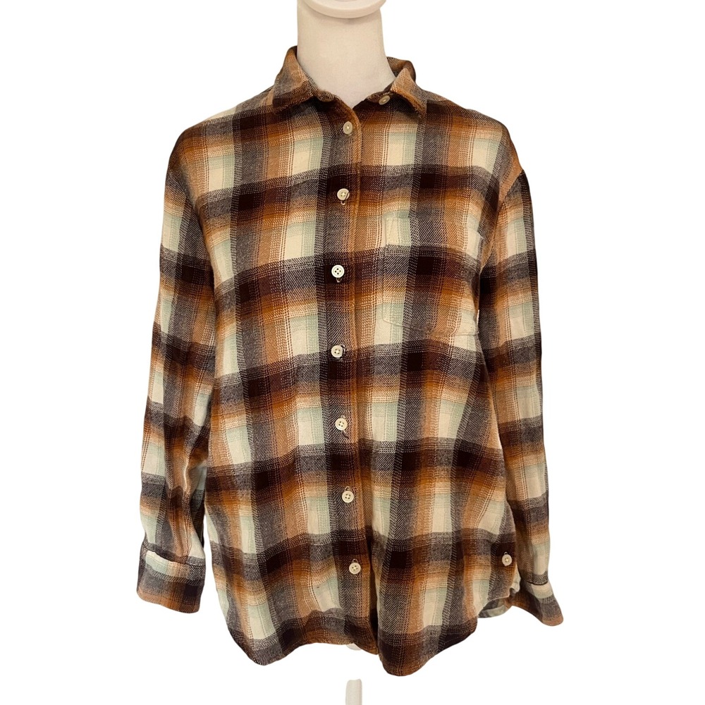 Madewell‎ plaid flannel Button down shirt women's small 100% cotton brown cream